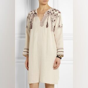 ISABEL MARANT EMBROIDERED BOHO LINEN TASSEL DRESS
